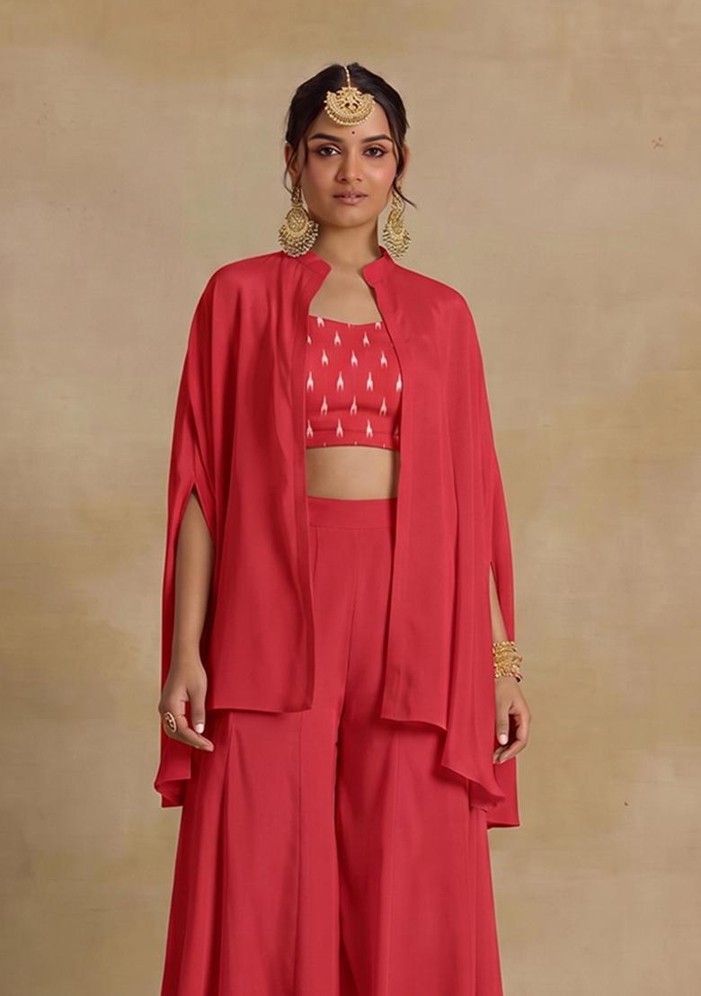 Deep Coral Silk Blend Printed Fusion Set - Indya