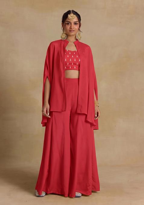 Deep Coral Silk Blend Printed Fusion Set