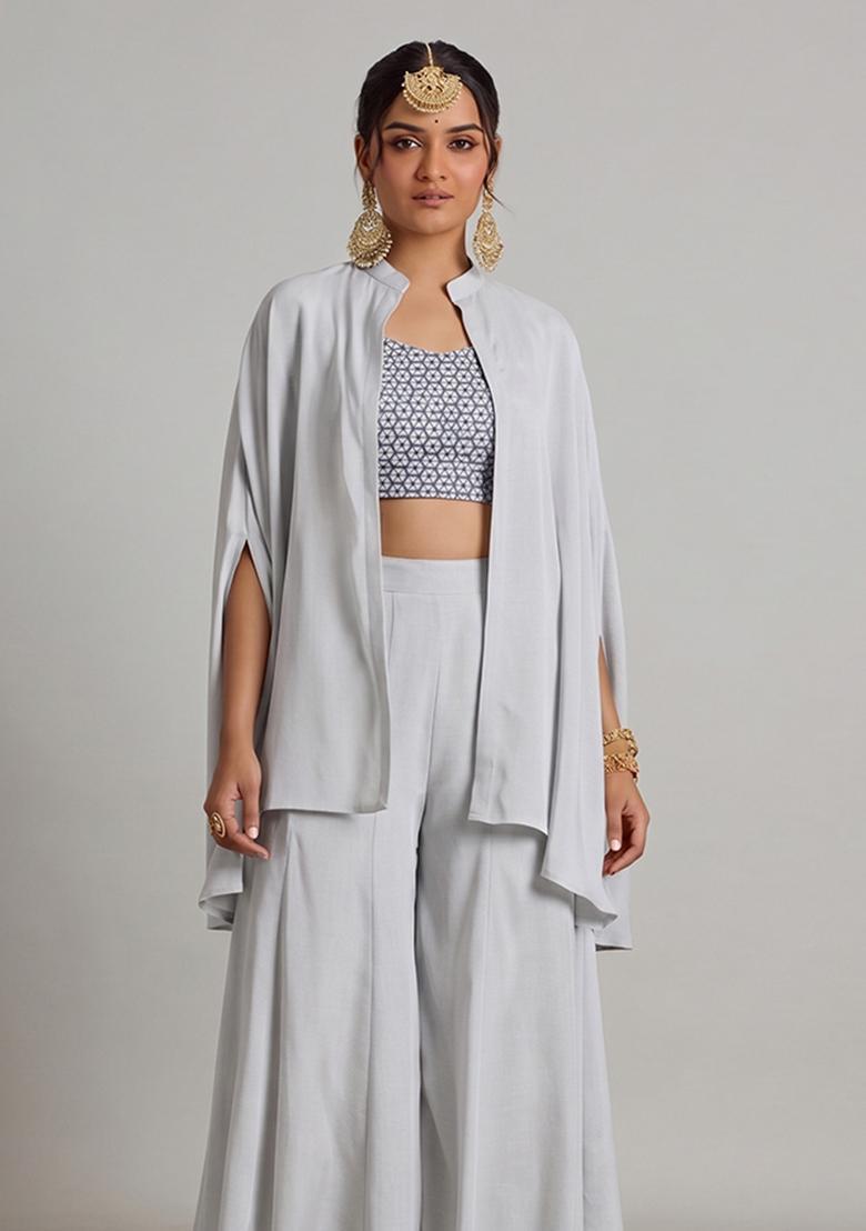 Light Grey Printed Chinon Fusion Set - Indya