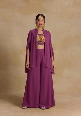 Plum Printed Chiffon Fusion Set