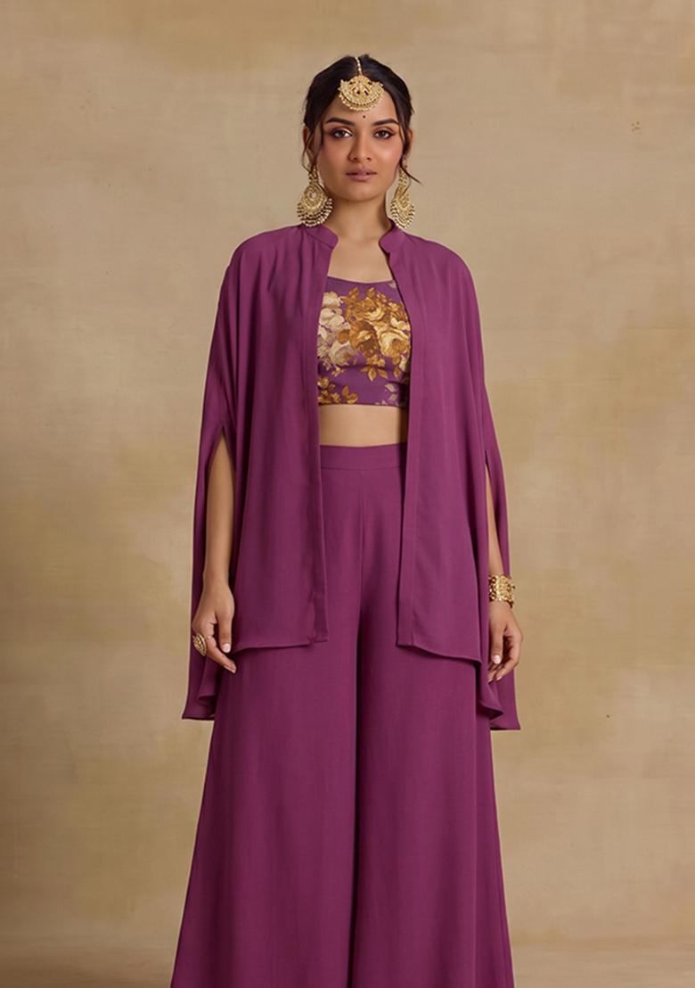 Plum Printed Chiffon Fusion Set - Indya