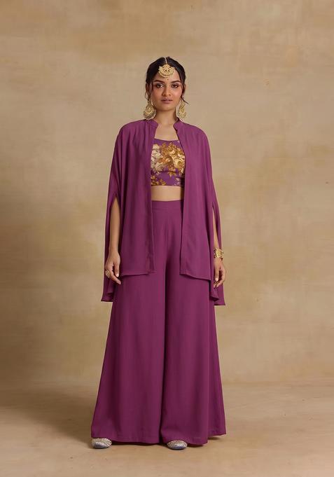 Plum Crepe Floral Print Fusion Set