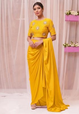 Mustard Yellow Printed Crepe Pre Draped Saree Set