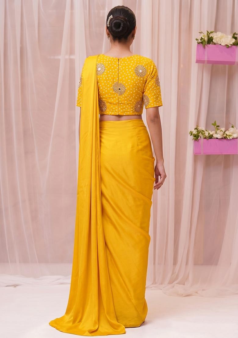 Mustard Yellow Printed Crepe Pre Draped Saree Set - Indya