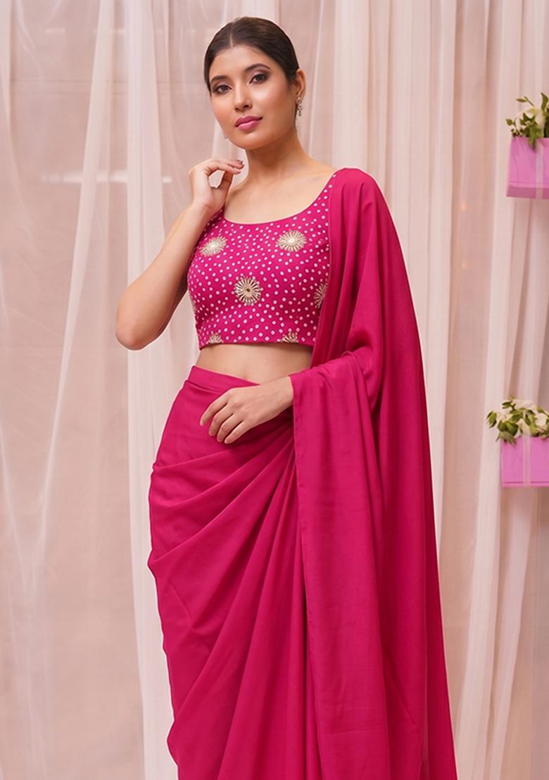 Rani Pink Printed Crepe Pre Draped Saree Set - Indya