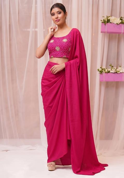 Rani Pink Silk Blend Embroidered Handwork Pre Draped Saree Set