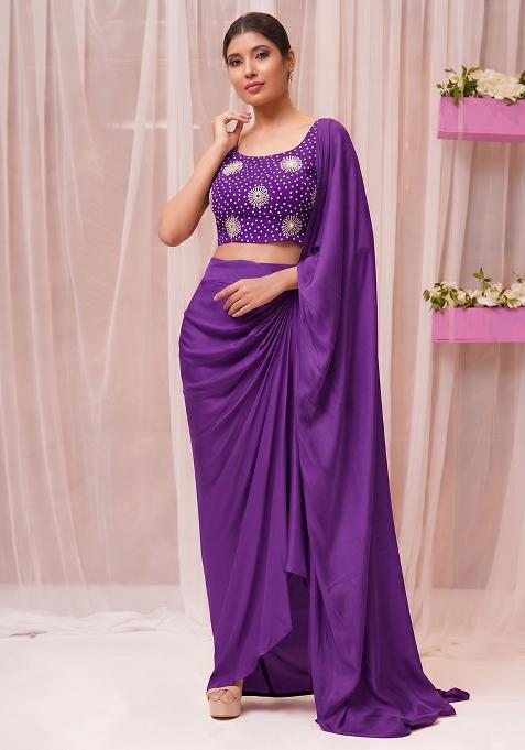 Voilet Silk Blend Embroidered Pre Draped Saree Set