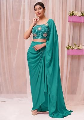 Peacock Teal Printed Crepe Pre Draped Saree Set
