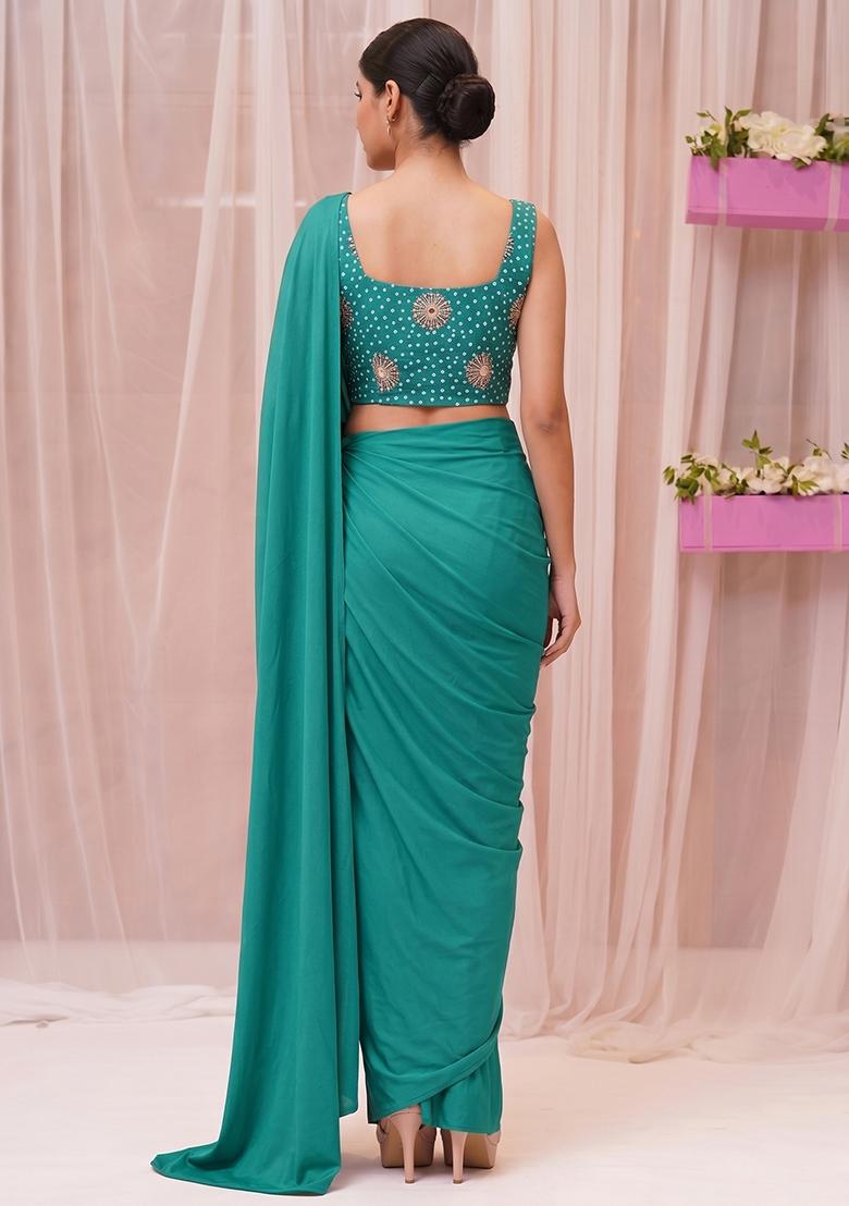 Peacock Teal Printed Crepe Pre Draped Saree Set - Indya