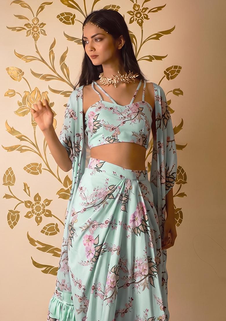 Mint Blue Georgette Floral Print Fusion Set - Indya