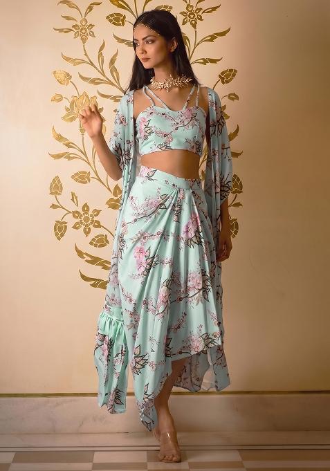 Sky Blue Georgette Floral Print Fusion Set