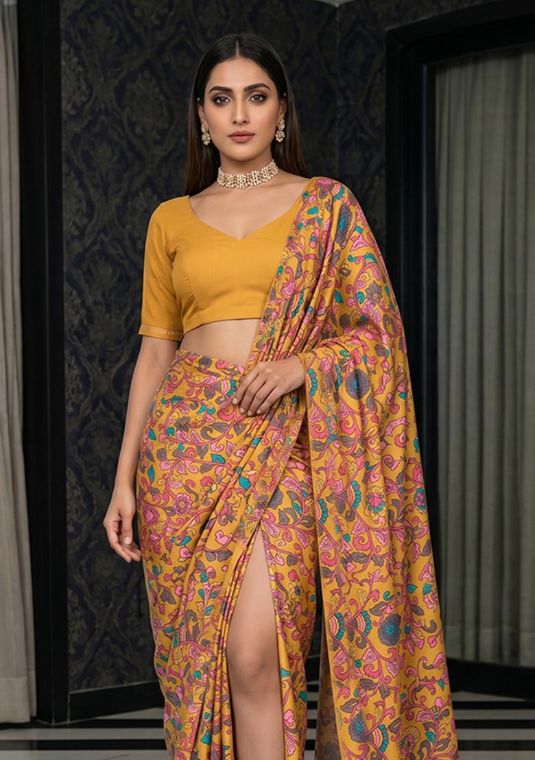 Mustard Printed Georgette Pre Draped Saree Set - Indya