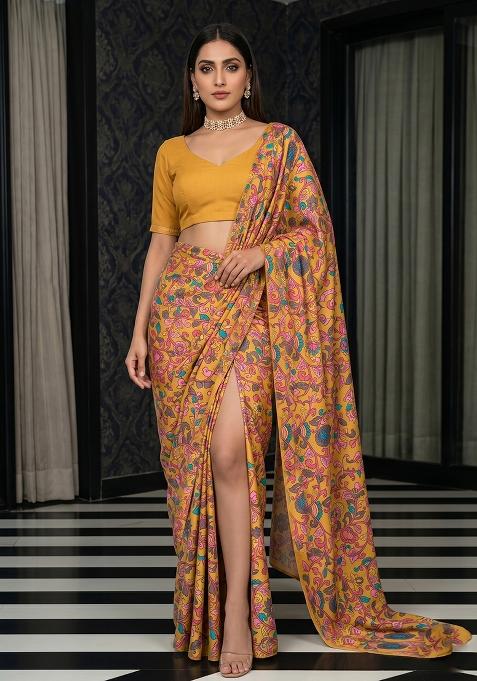 Mustard Silk Blend Floral Print Pre Draped Saree Set
