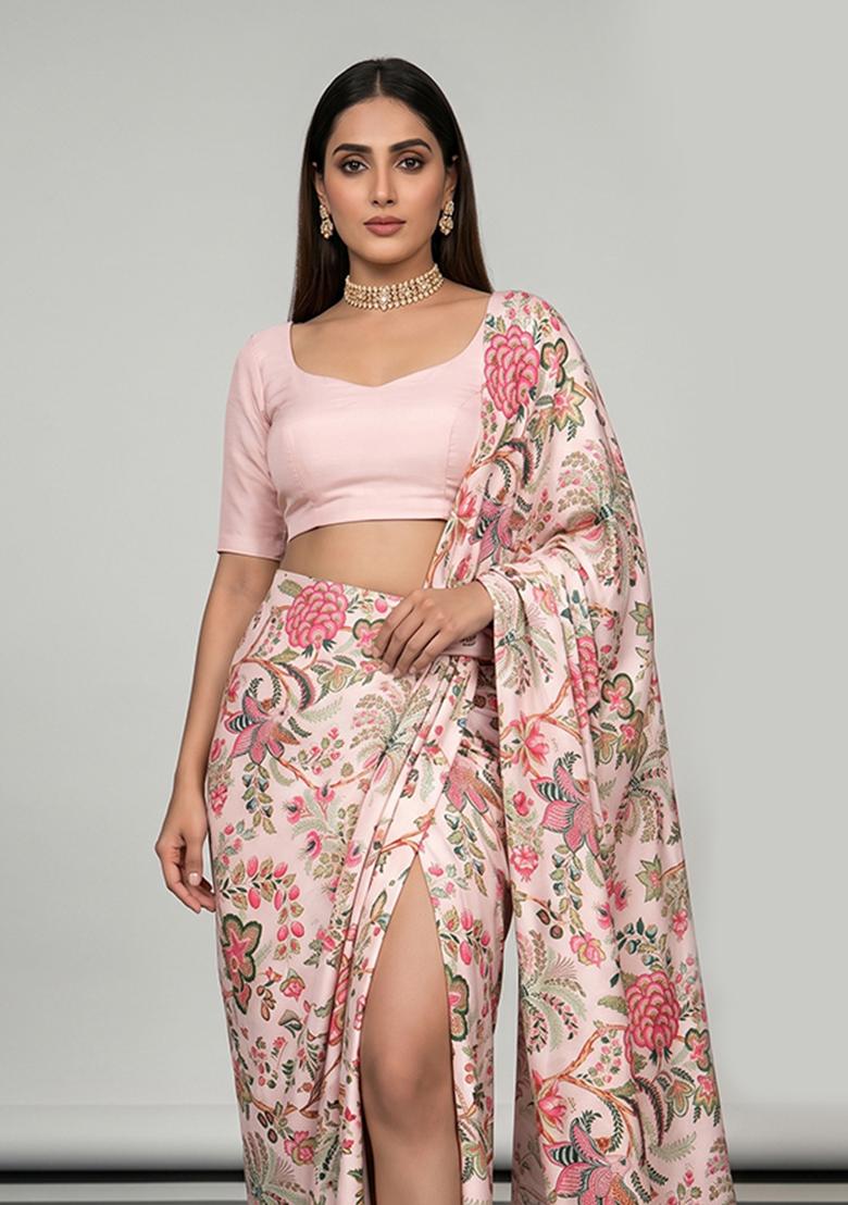 Blush Pink Printed Georgette Pre Draped Saree Set - Indya