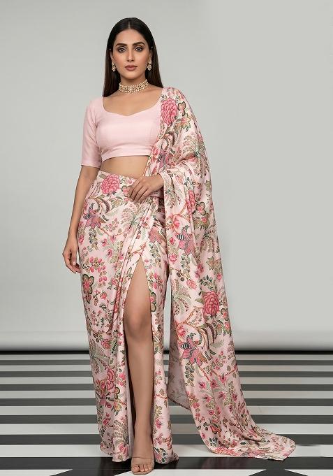 Blush Pink Silk Blend Floral Print Pre Draped Saree Set