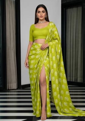 Apple Green Printed Georgette Pre Draped Saree Set