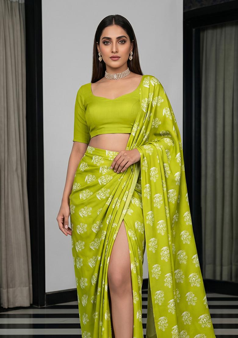 Apple Green Printed Georgette Pre Draped Saree Set - Indya