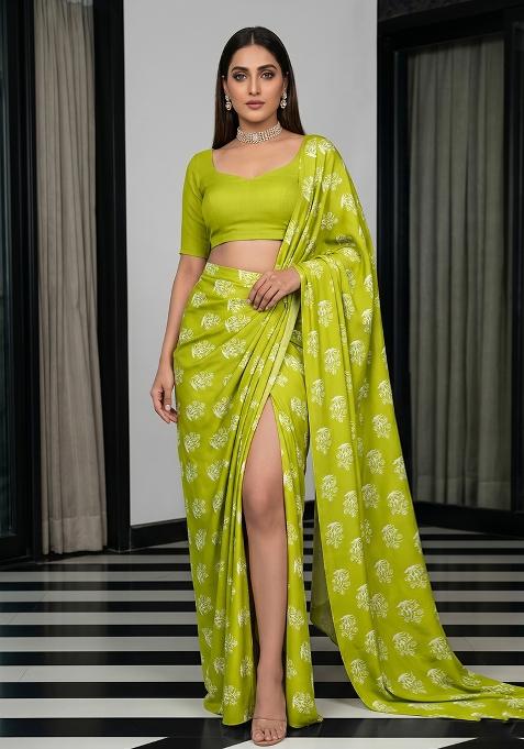 Apple Green Crepe Floral Print Pre Draped Saree Set