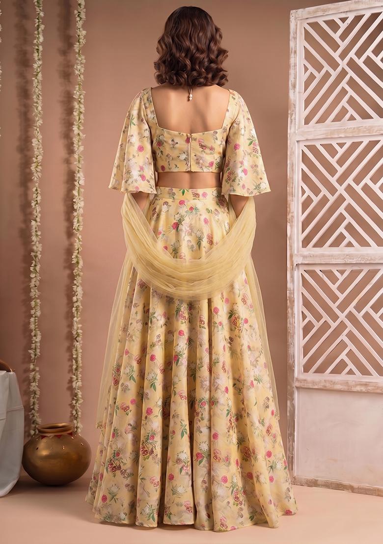 Light Yellow Printed Silk Fusion Set - Indya