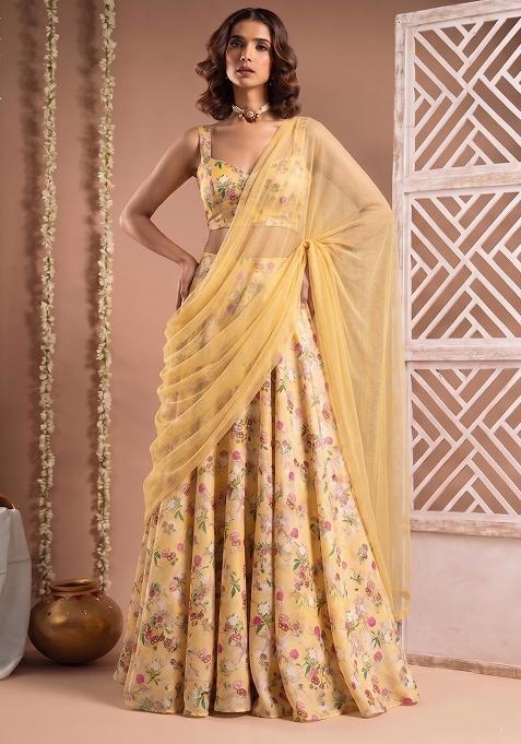 Light Yellow Silk Blend Floral Print Fusion Set