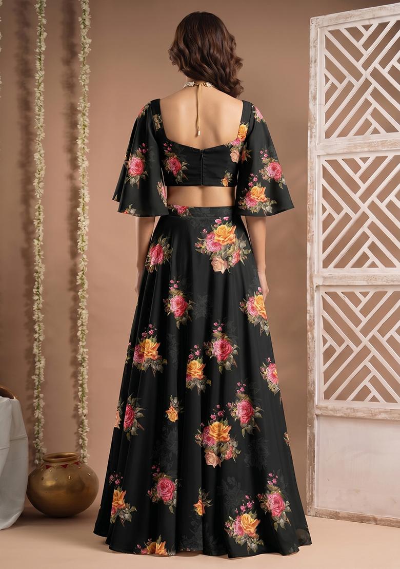 Black Printed Silk Fusion Set - Indya