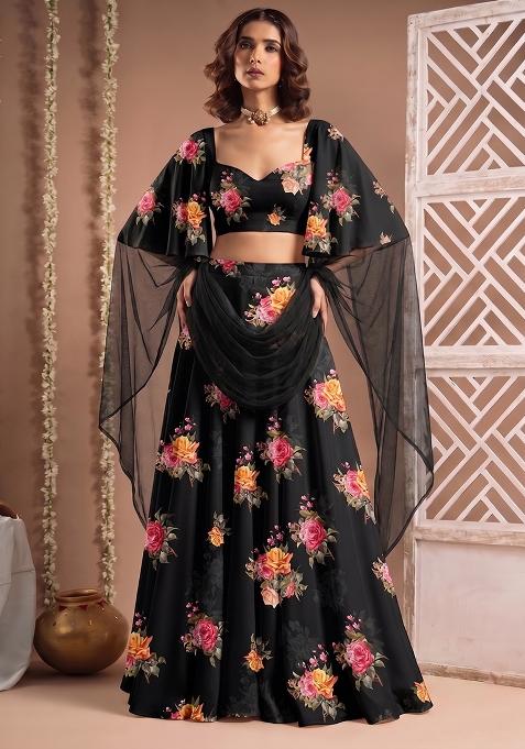 Black Silk Blend Floral Print Fusion Set