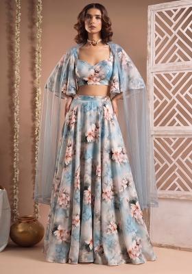 Sky Blue Printed Muslin Fusion Set