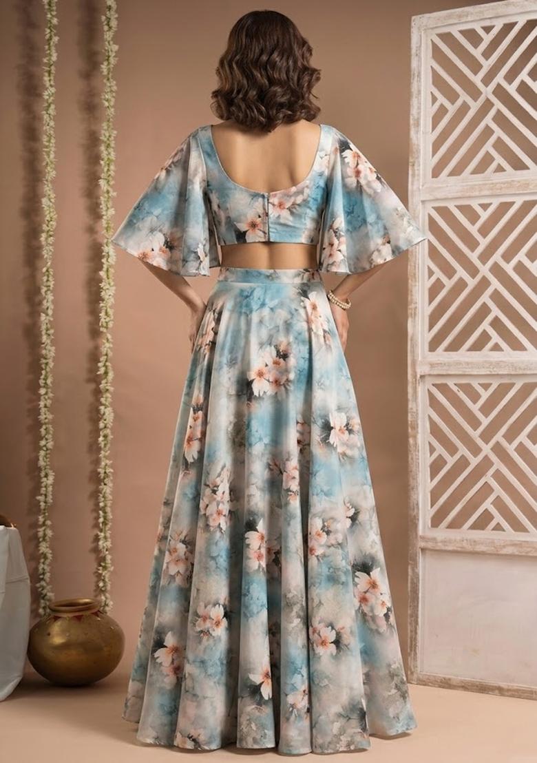 Sky Blue Printed Muslin Fusion Set - Indya