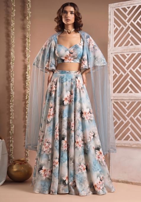 Sky Blue Silk Blend Floral Print Fusion Set
