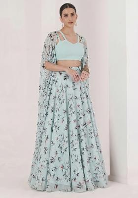 Mint Blue Georgette Floral Print Lehenga Set