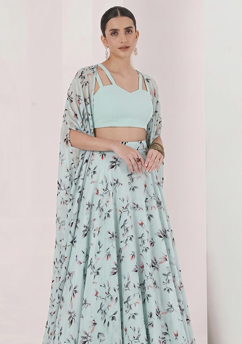 Mint Blue Georgette Floral Print Lehenga Set - Indya