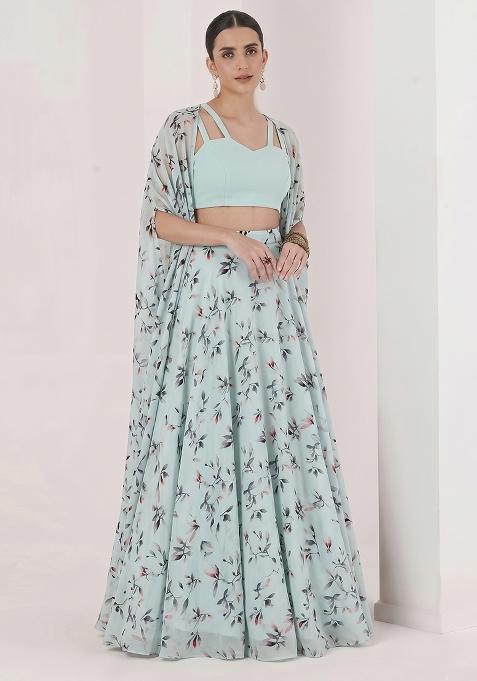 Sky Blue Georgette Floral Print Lehenga Set