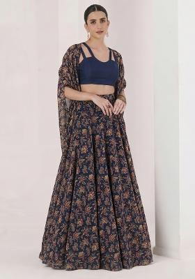 Dark Blue Silk Blend Floral Print Lehenga Set