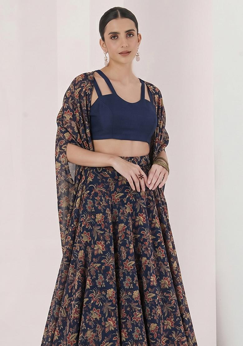 Dark Blue Silk Blend Floral Print Lehenga Set - Indya