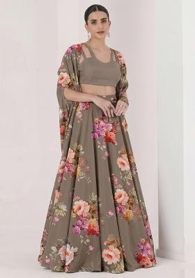 Taupe Grey Printed Georgette Lehenga Set