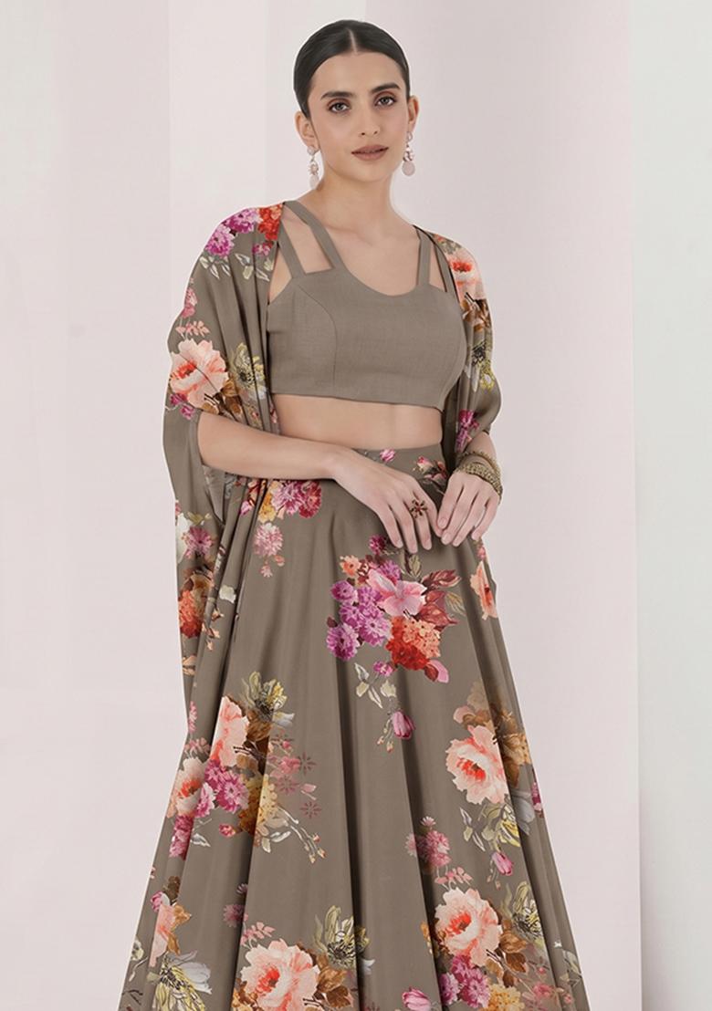 Taupe Grey Printed Georgette Lehenga Set - Indya