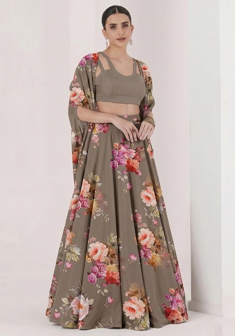 Taupe Grey Crepe Floral Print Lehenga Set