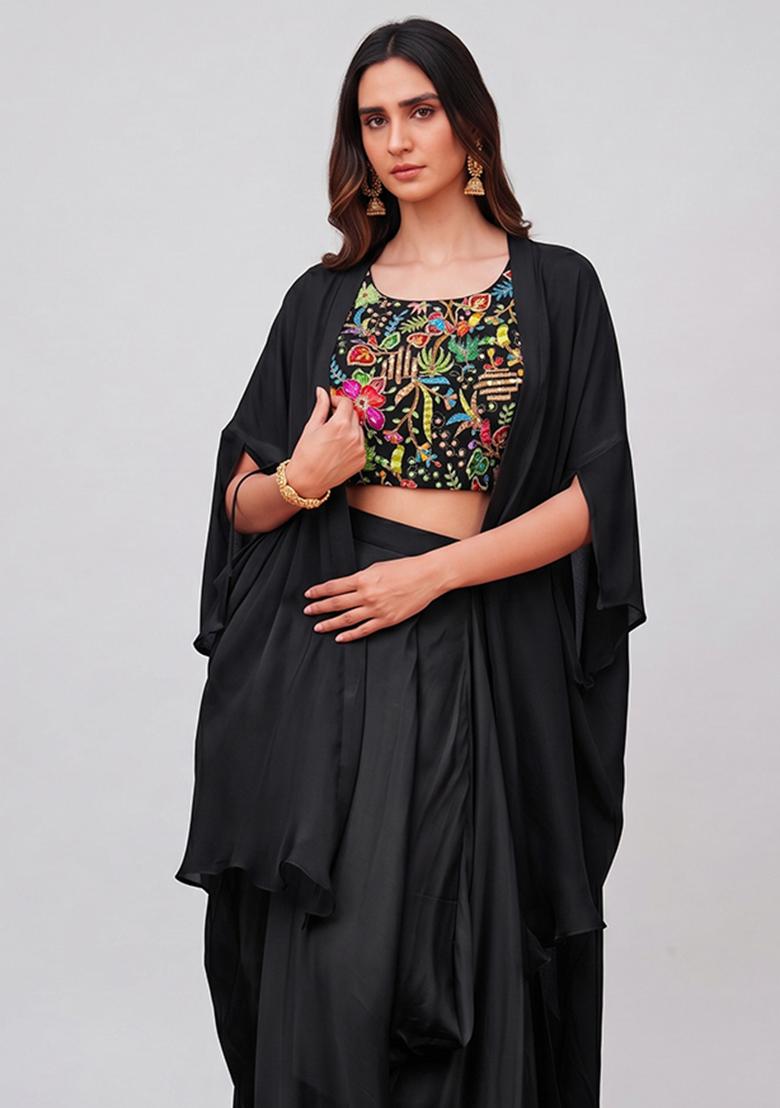 Black Printed Crepe Fusion Set - Indya