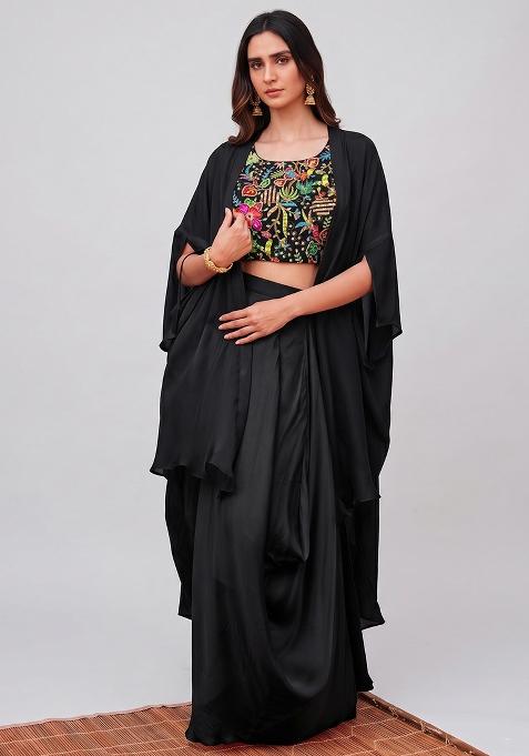 Black Printed Crepe Fusion Set