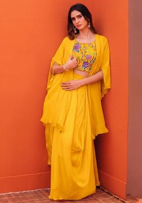 Mustard Printed Crepe Fusion Set