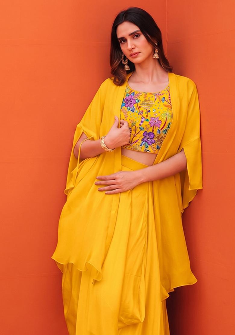 Mustard Printed Crepe Fusion Set - Indya