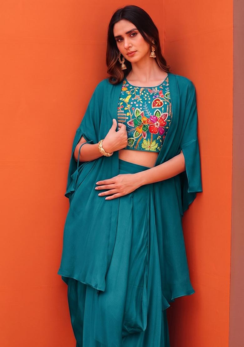 Teal Printed Crepe Fusion Set - Indya