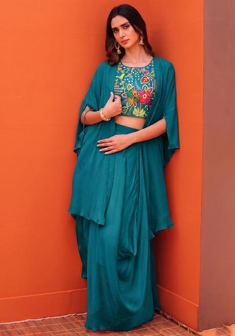 Teal Printed Crepe Fusion Set