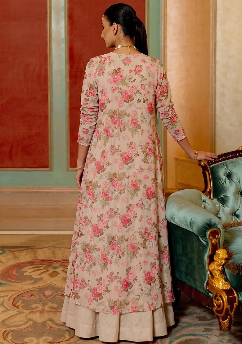 Beige Printed Georgette Fusion Set - Indya