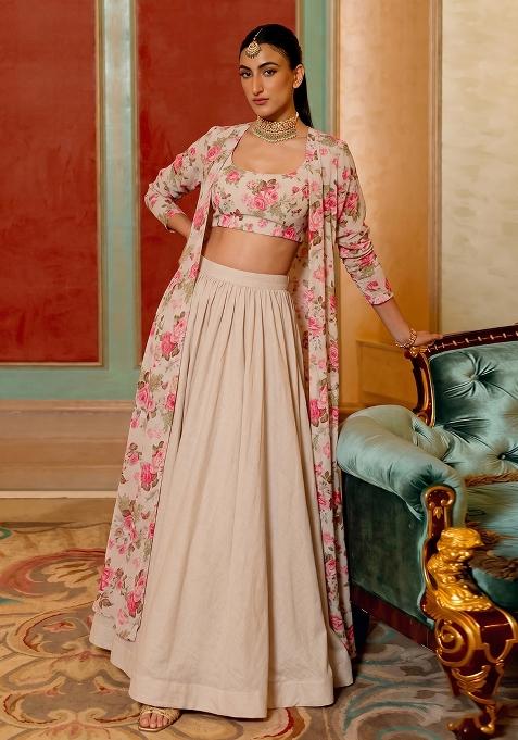 Beige Printed Georgette Fusion Set