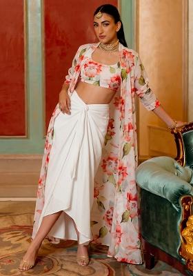 White Printed Georgette Fusion Set