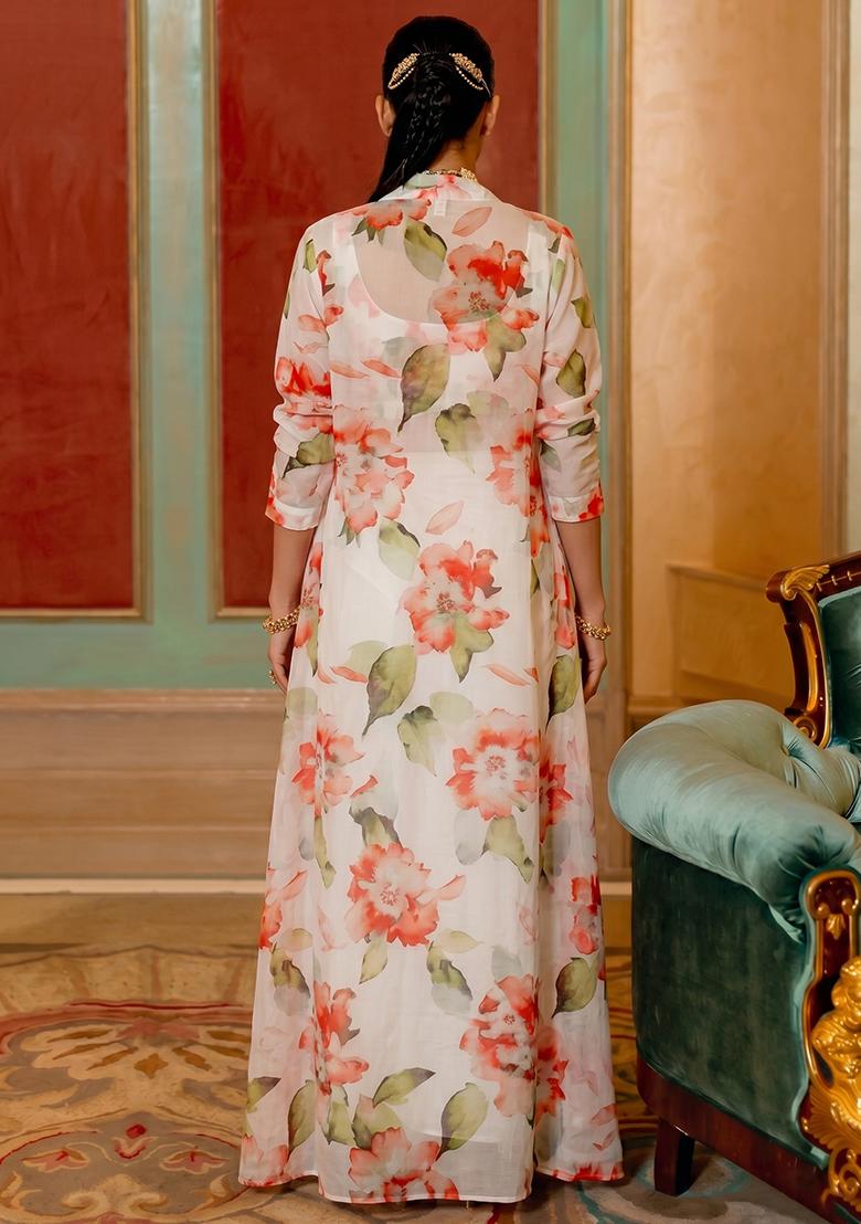 White Printed Georgette Fusion Set - Indya