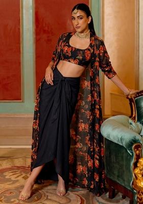 Black Printed Georgette Fusion Set