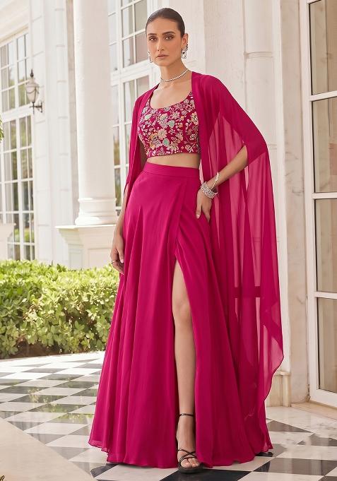 Rani Pink Silk Blend Embroidered Handwork Fusion Set