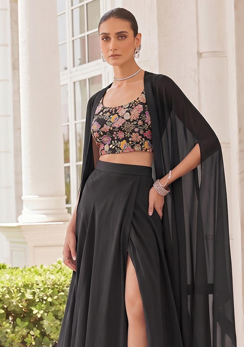 Ink Black Printed Crepe Fusion Set - Indya